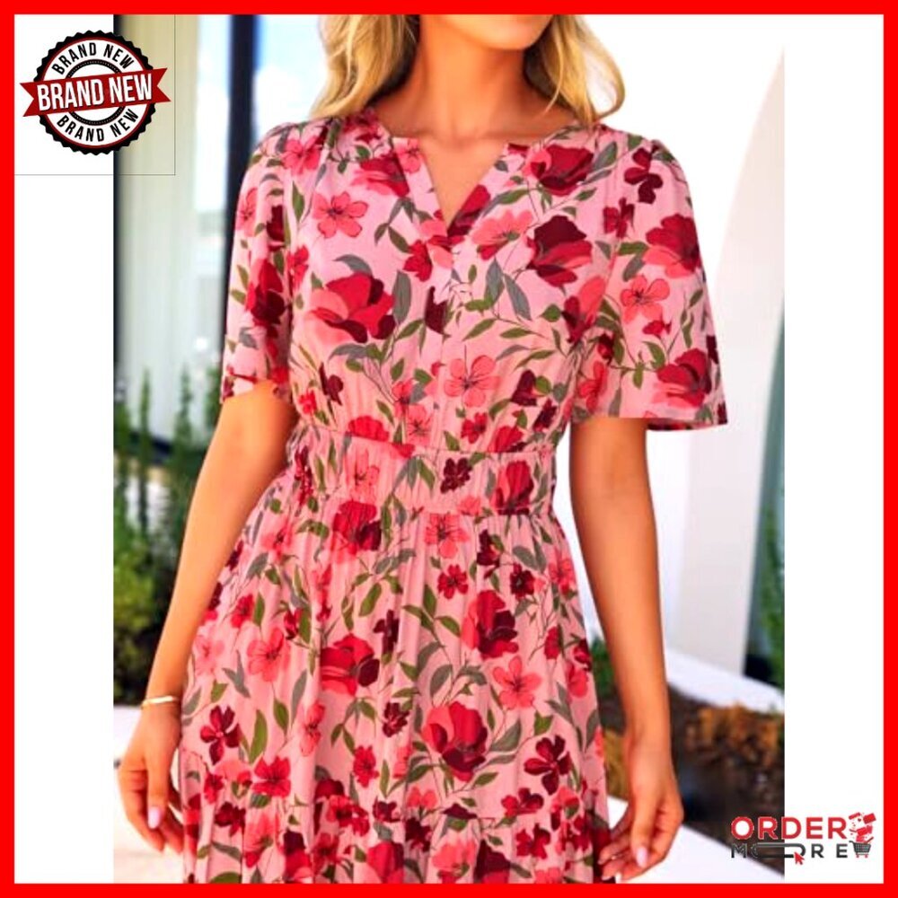 Floral Boho Maxi Dress V-Neck Short Sleeve A-Line Casual Beach Vacation - Picture 4 of 7